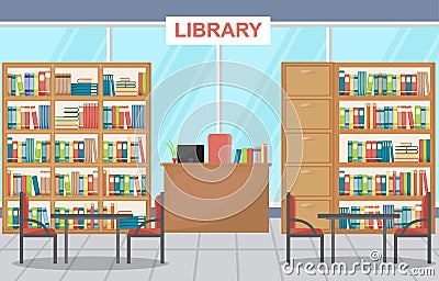 Public Library Interior Stack of Book on Bookshelf Flat Design Vector Illustration