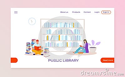 Public library landing web banner, people character sitting floor read textbook, university book depository flat vector Vector Illustration