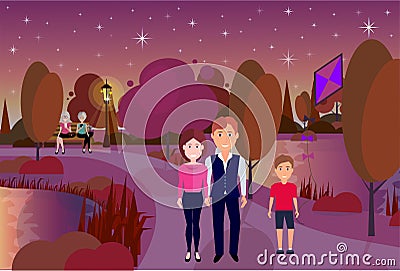 Public night park boy hold kite people active rest outdoors wooden bench river lawn trees on city buildings template Vector Illustration