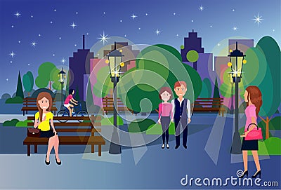 Public night park woman man couple wooden bench outdoors walking lady green lawn trees on city buildings template Vector Illustration