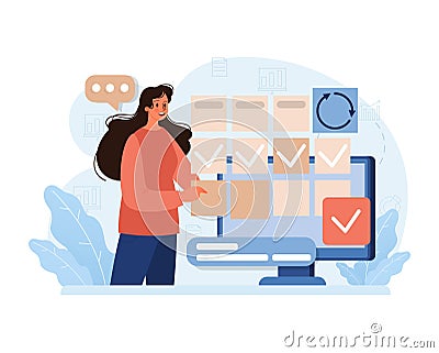 Public opinion polling. Female character participation in an online Vector Illustration