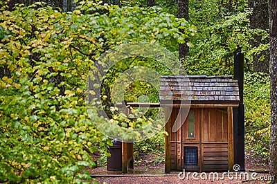 McKenzie Pass public outhouse and fall colors Stock Photo