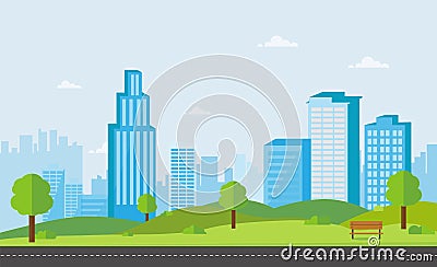 Public park with bench main street city with sky and cityscape background.Beautiful nature scene with town and hill Vector Illustration