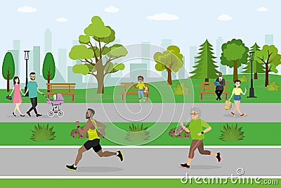 Public park and different active people Vector Illustration