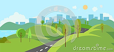 Public park with river and road to city.Vector illustration.Cartoon nature scene with hills and trees.Nature landscape Vector Illustration