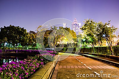 Public Park - Walkway at Benchakitti Park in the Night, Bangkok Thailand Stock Photo