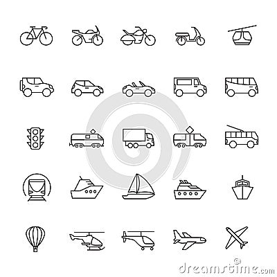 Public passenger transport line icons. Cars and vehicles set. Transportation and shipping outline symbols isolated Vector Illustration
