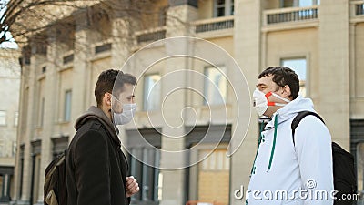 Public People Talk in Spain Empty City. Hispanic Men Real. Corona virus Covid-19 Stock Photo