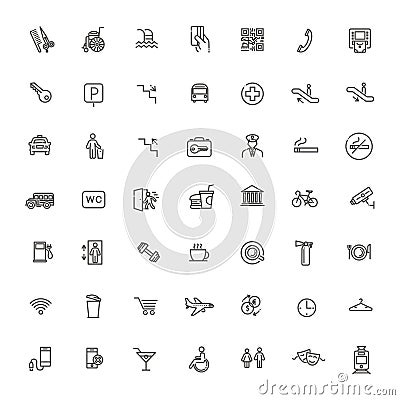 Public place navigation vector icons. Contains such Icons as Cloakroom, Elevator, Exit, Taxi, ATM and more Vector Illustration