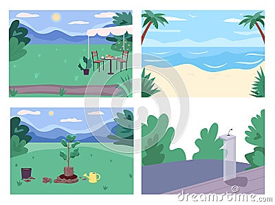 Public places flat color vector illustration set Vector Illustration
