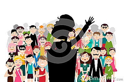 Public Political Meeting. Famous Man Speaking at Business Conference. Vector Speaker and Audience. Vector Illustration