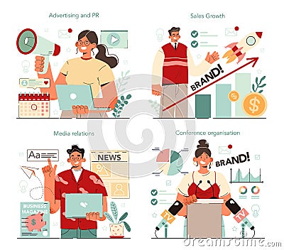 Public relations concept set. Specialist developing commercial Vector Illustration