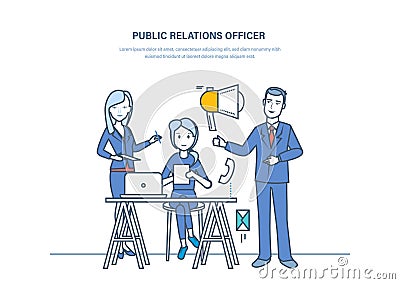 Public relations officers. Communication, marketing, pr, managing people`s opinions. Vector Illustration