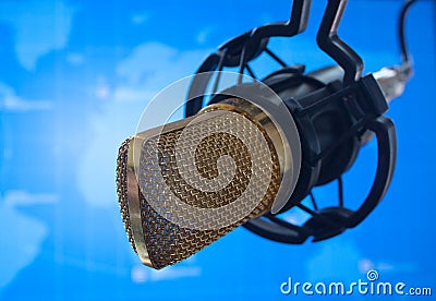 Public relations PR microphone for news global map world press Stock Photo