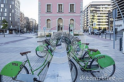 Public rent bikes in street of Castellon,Spain. Editorial Stock Photo