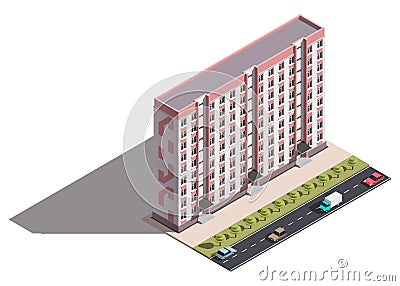 Public residential nine-storey building isometry Vector Illustration