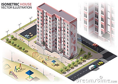 Public residential nine-storey building isometry Vector Illustration