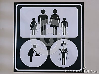 Public restroom signs for men, women, children, family, diaper changing station available in public area Stock Photo