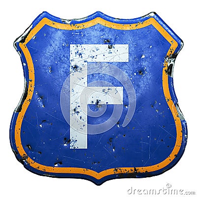 Public road sign in blue and orange color with a capitol white letter F in the center isolated background. 3d Stock Photo