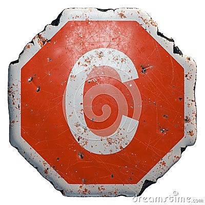 Public road sign in red and white with a capital letter C in the center isolated on white background. 3d Stock Photo