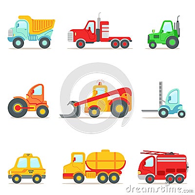 Public Service, Construction And Road Working Cars Collection Of Colorful Toy Cartoon Icons Vector Illustration