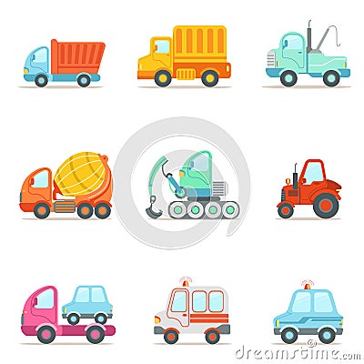 Public Service, Construction And Road Working Cars Set Of Colorful Toy Cartoon Icons Vector Illustration