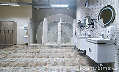 Public shower interior with everal showers Stock Photo