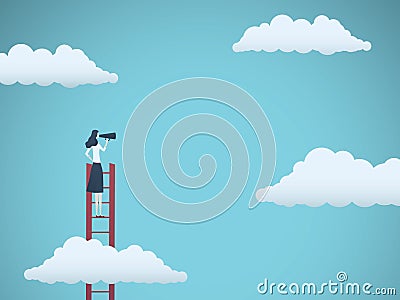 Public speaker or business leader vector concept. Businesswoman speaking through megaphone on a ladder. Symbol of Vector Illustration