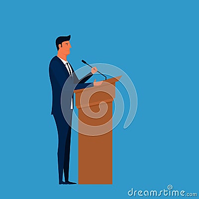 Public Speaker. Businessman speaking on podium giving public speech. Vector Illustration