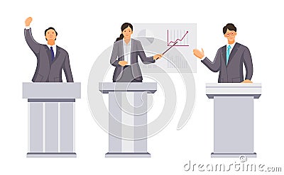 Public speaker, financial specialists, orator speak from rostrum. Vector Illustration