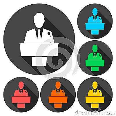Public speaker icons set with long shadow Vector Illustration