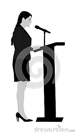 Public speaker standing on podium vector illustration isolated on white. Politician woman opening meeting ceremony event. Cartoon Illustration