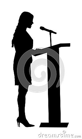 Public speaker standing on podium vector silhouette illustration isolated on white. Politician woman opening meeting Cartoon Illustration