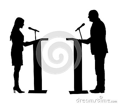 Public speaker standing on podium vector silhouette. Politician woman opening meeting ceremony event. Businessman speaking. Stock Photo