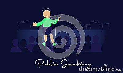 Public speaking, standup comedian in front of audience. Presenter speaks to people. Cartoon Illustration
