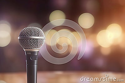 Public speaking backgrounds, Close-up the microphone on stand for speaker speech presentation stage Stock Photo