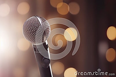 Public speaking backgrounds, Close-up the microphone on stand for speaker speech presentation stage Stock Photo