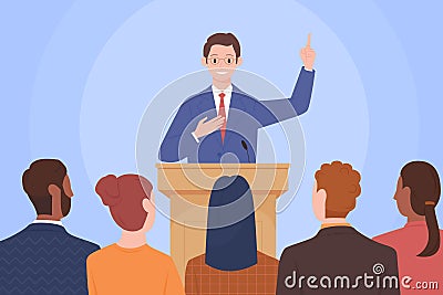 Public speech of confident leader in front of audience, male speaker speaking to crowd Vector Illustration