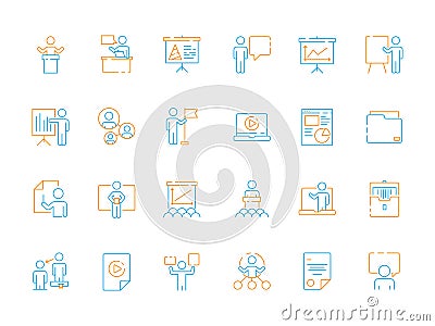 Public speech icons. Business presentation instructor classroom meeting seminar conference vector colored symbols Vector Illustration