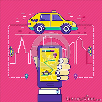 Public taxi call mobile application in trendy cartoon line style Vector Illustration