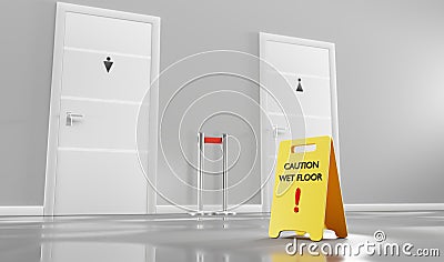 Public toilet doors for women and men with yellow sign caution wet slippery floor in hallway, perspective view Stock Photo