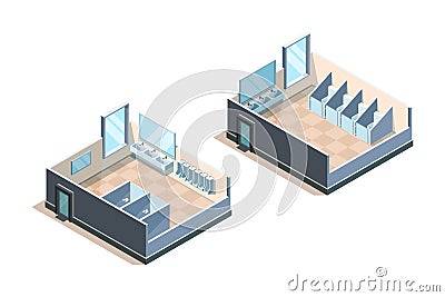 Public toilet. Isometric washroom for male and female people modern sink vector illustrations Vector Illustration