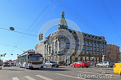 Public transport on the background of the singer House in St. Pe Editorial Stock Photo