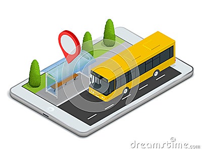 Public Transport. Bus Stop with Online Schedule. App for tablet Concept. Vector Illustration
