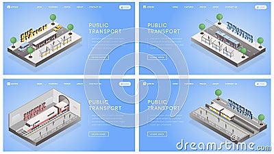Public transport landing page vector templates set. City transportation website homepage interface idea with flat vector Vector Illustration