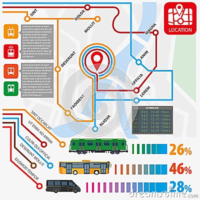 Public transport routes stations statistics vector infographics flat template Vector Illustration