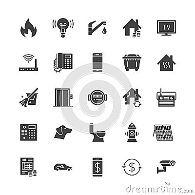 Public utilities flat glyph icons. Rent receipt, electricity water, gas, house heating, CCTV, overhaul, garbage vector Vector Illustration