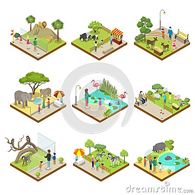 Public zoo landscapes isometric 3D set Vector Illustration