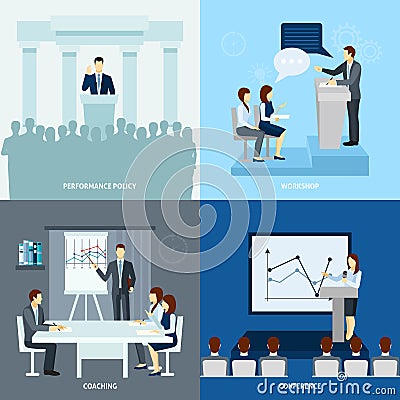 Publicly speaking people 4 flat icons square Vector Illustration