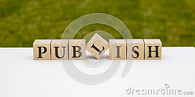 Publish written on a wooden cube on a white desk. Stock Photo
